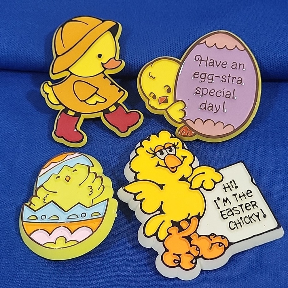 Vintage 80s Hallmark Easter Chicks Bunny Rainy Duck Plastic Lapel Pins Lot of 4
